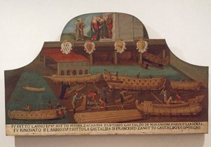 Letrero del Gremio de carpintería naval en el Arsenal de Venecia de Venetian School