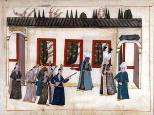 El sultán visita a la favorita con la madre y el jefe de los eunucos. Miniatura de “Memorias Turcas” (códice Cicogna 1971 “Memorie Turchesche”) Acuarela de la escuela veneciana del siglo XVII. de Venetian School
