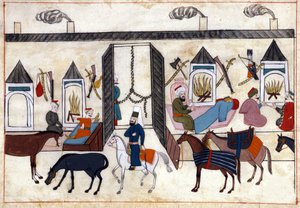 Vista del interior de una caravana en Turquía bajo el Imperio Otomano. Miniatura de “Memorias Turcas” (códice Cicogna 1971 “Memorie Turchesche”) Acuarela de la escuela veneciana del siglo XVII.