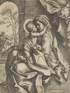 La Virgen sentada con el Niño Jesús en su regazo abrazándola, José visto a través..., ca. 1600-1613 de Ventura Salimbeni