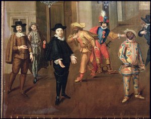 Comediantes italianos y franceses actuando en farsas, 1670 (detalle) de Verio