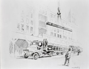 Viga de acero siendo izada del camión, para ser utilizada en la construcción del Empire State Building, publicado por William Edwin Rudge