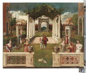 Un jardín de arquitectura clásica con elegantes figuras, un paisaje montañoso más allá, c. 1530 (óleo sobre lienzo) de Veronese School