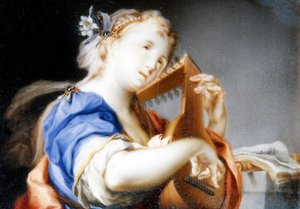 Una dama, con una túnica azul forrada de blanco, tocando el laúd de Veronica Stern