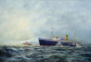 Un pathfinder (lancha motora biplaza), dejando un avión de pasajeros frente al lighthouse boat (barco faro) frente a Harwich (Inglaterra). Óleo sobre lienzo de Vic Trevett () de Vic Trevett