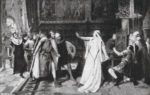 María de Molina repeliendo a los Nobles (litografía) de Vicente Borras Abella