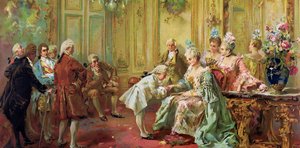 Wolfang Amadeus Mozart (1756-1791) en casa de Madame (Marquesa) de Pompadour (familia de Mozart, durante la gira europea) (1763-1766) - Arte académico: La presentación del joven Mozart a Mme de Pompadour en Versalles en 1763 por Paredes, Vicente Gar de Vicente Garcia de Parades