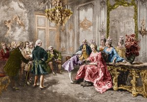 Wolfgang Amadeus Mozart (1756-1791) en casa de Madame (Marquesa) de Pompadour (La familia de Mozart, durante la gira por Europa) (1763-1766). Grabado después de la pintura de M. V. de Paredes de Vicente de (after) Paredes
