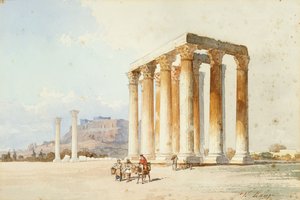 Templo de Zeus con la Acrópolis, Partenón, Atenas (acuarela y acuarela) de Vicenzo Lanza