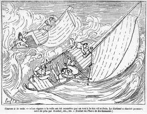 Regata de veleros, barcos volcados: "las regatas de vela fueron apoyadas por un viento fuerte y fresco. El barco Goeland volcó primero, seguido muy de cerca por Monitor..." - dibujo de Crafty, en "El Centauro" de Victor  Geruzez