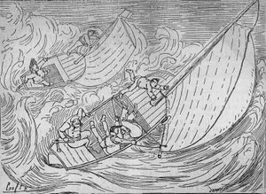 Carreras de vela: dos regatas, el Goëland y el Monitor volcados - extracto del Faro de Kerkamadec - dibujo de Crafty - en “Le Centaure” de Victor  Geruzez