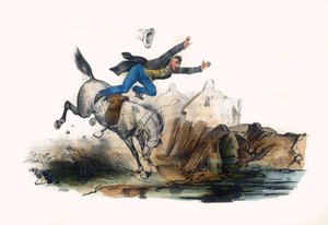Un jinete cae después de la carrera de su caballo. En "Album Grotesque, Choices of Outstanding Types", ilustraciones de Victor Adam, París, circa 1850. de Victor Adam
