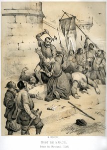 Asesinato de Etienne Marcel, rico dibujante y Prevot des merchants (1316-1358) por el echevin Jean Maillart, uno de los líderes del partido realista, en julio de 1358. Grabado de Victor Adam (1801-1866) en el libro "France in the Middle Ages" publicado de Victor Adam
