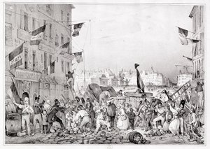 Barricada en la Rue Dauphine, 29 de julio de 1830, grabado por H. Delaporte