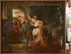 Don Quijote luchando contra ciertos odres de vino tinto de Victor Adam