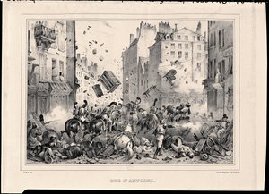 Rue Saint-Antoine en julio de 1830, grabado por H. Delaporte de Victor Adam