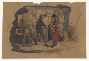 Un vendedor ambulante con un puesto lleno de arte detiene a un hombre de Victor Adam