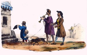 Dos ciegos guiados por perros y un niño mendigo. En "Album Grotesque, Choices of Outstanding Types", ilustraciones de Victor Adam, París, circa 1850. de Victor Adam