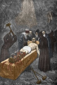 Caso de los Posssedes de Loudun (demonios de Loudun) hacia 1630: caza de brujas, el sacerdote francés Urbain Grandier (1590-1634) que supuestamente hizo un pacto con el diablo y acusa de haber embrujado a monjas, es torturado para bordar - (Urbain Grandier