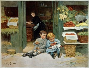 Tour him. Niño comiendo tostadas frente a los comestibles de su madre. La niña pequeña tiene una muñeca en sus rodillas. Pintura de Victor Gilbert (1847-1935). París, Artes Decorativas de Victor Gabriel Gilbert