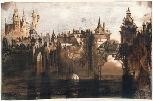 Ciudad con un puente roto (grafito, tinta india y sepia sobre papel)