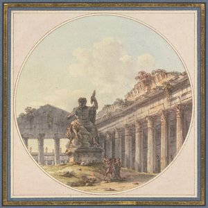 Capricho arquitectónico: Interior de una ruina de templo con una estatua de Júpiter Tonante y figuras de staffage de Victor Jean Nicolle