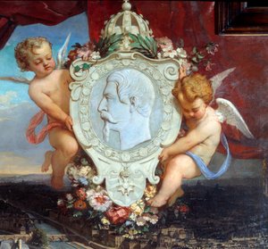 Detalle de: "El Louvre de Napoleón III" "Vista del Palacio del Louvre y del retrato de Napoleón III (1808-1873) en medallón" Pintura de Victor Joseph Chavet (1822-1906) 1857 Sol. 2,12 x 2,22 m París, musee du Louvre. de Victor Joseph Chavet