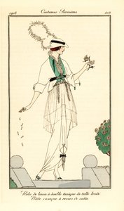 Mujer con vestido de lino con doble túnica de tul bordado, pequeña casaque forrada de raso. Robe de linon a double tunique de tul brode, petite casaque a revers de satin. Grabado pochoir (stencil) coloreado a mano según una ilustración de Victor Lhu de Victor Lhuer