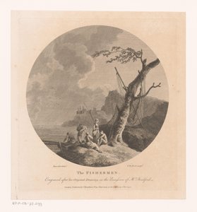 Paisaje con pescadores junto a un árbol con redes de pesca.