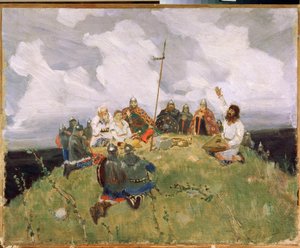 Boyan jugando gusli (gusli, housli, husli) en el siglo XI (Boyan jugando gusli) - Oeuvre de Viktor Mikhaylovich Vasnetsov (1848-1926), huile sur carton de Victor Mikhailovich Vasnetsov