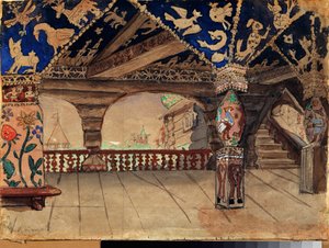 Decoración preparatoria para la obra de teatro ""La demoiselle des neiges"" de Alexandre Ostrovski (1823-1886) (Escenografía para la obra de teatro Snow Maiden de A Ostrovsky) La terraza de madera - Obra de Viktor Mikhaylovich Vasnetsov (1848-1926) ) , ace de Victor Mikhailovich Vasnetsov