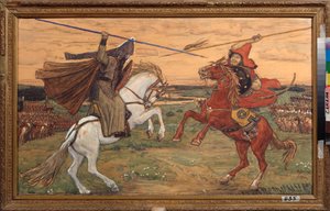 El duelo de Alexander Peresvet y el tártaro Chelibey (o Chelubey, Temir Mourza (Temir-Mourza) en la llanura de Kulikovo en 1380, durante la batalla entre los rusos y la Horda de Oro (Combate singular de Peresvet y Temir Murza (Temir-Murza) en el Kulikovo