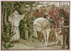 El príncipe Oleg (c.912) se encuentra con el adivino que profetiza que su caballo será la causa de su muerte, ilustración de 