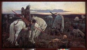 Un caballero en la encrucijada (El caballero, armado con una lanza, parece melancólico frente a una estela grabada en la llanura, rodeada de huesos humanos y sobrevolada por un cuervo, al atardecer) - Un caballero en la encrucijada - Pintura de Viktor Mikh de Victor Mikhailovich Vasnetsov