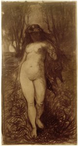 Desnudo femenino en paisaje nocturno con luna llena