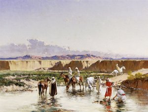 Jinetes árabes abrevando en un oasis