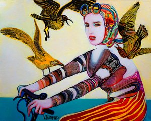 Ciclista y pájaros llenos de vida de Victor Tkachenko