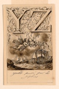 Diseño para las letras Y y Z de un abecedario: Yate/ Zéfiro (Yates impulsados por Zéfiros) de Victor Vincent Adam