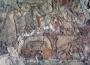 Detalle de un animal tirando de un carro, de un tapiz encontrado con el barco de Oseberg (textil) de Viking