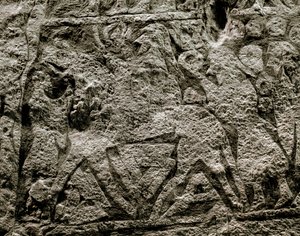 Los muertos montando el caballo de Odín, detalle de una piedra funeraria vikinga, siglo VII-VIII d.C.