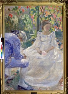 ""La melodía del otoño"" (Una melodía de otoño). Escena galante entre un hombre y una mujer con una flor en la mano. Están vestidos a la moda del siglo XVIII y parecen tristes (¿ruptura?). Pintura de Viktor (Victor) Elpidiforovich Borisov de Viktor Elpidiforovich Borisov Musatov