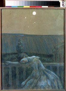 ""The Sorrow"" (Tristeza) Una joven desesperada apoyada en una barandilla. Acuarela y pastel de Viktor (Victor) Elpidiforovich Borisov-Musatov (Borisov Musatov) (1870-1905) (simbolismo) 1903 Museo Estatal de Historia y Arte Serpukhov (Serpukhov). de Viktor Elpidiforovich Borisov Musatov