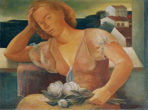 La esposa del artista con flores. de Viktor Planckh