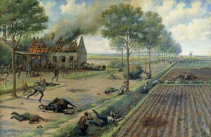 La caballería rusa luchando contra los alemanes en un pueblo en 1915, c.1915-16 (óleo sobre lienzo) de Viktor Viketyevich Masurovsky