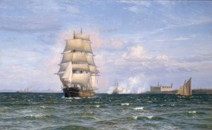 Barco Danés frente al Castillo Kronborg y Helsingør en la distancia de Vilhelm Arnesen