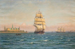 Veleros y un transbordador frente a Kronborg. de Vilhelm Arnesen