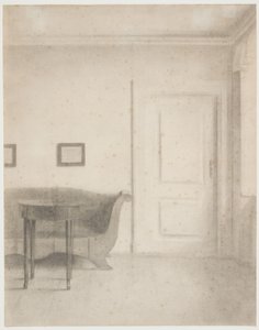 Interior con sofá y mesa pequeña, a la derecha una puerta de Vilhelm Hammershøi