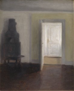 Interior con estufa antigua de Vilhelm Hammershoi