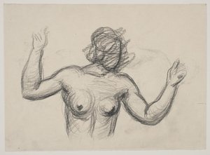 Figura femenina, medio cuerpo, levantando los brazos