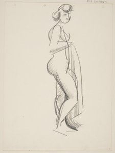 Mujer desnuda de pie, perfil a la derecha, con drapeado en la mano de Vilhelm Lundstrøm
